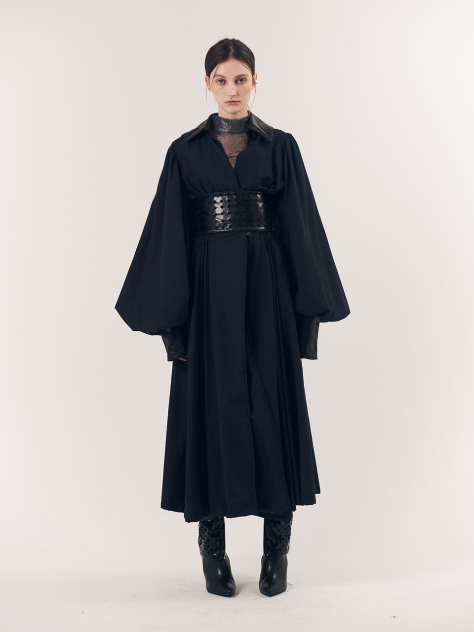 LEATHER TRIM BALLOON SLEEVE TRENCH COAT (LASER CUT BELT INCLUDED)