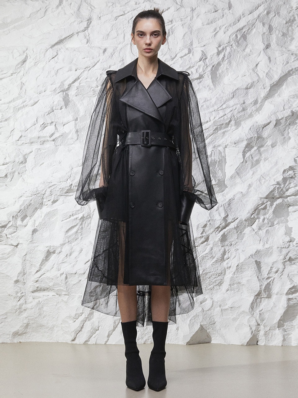 24SS LAMB SKIN TRIMMED TULLE TRENCH COAT